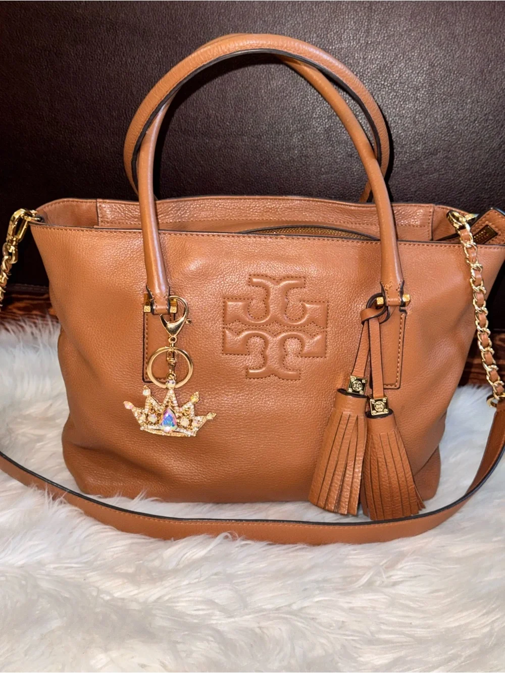 Tory Burch Cognac Pebbled Leather Tote with Tassel and Chain Strap